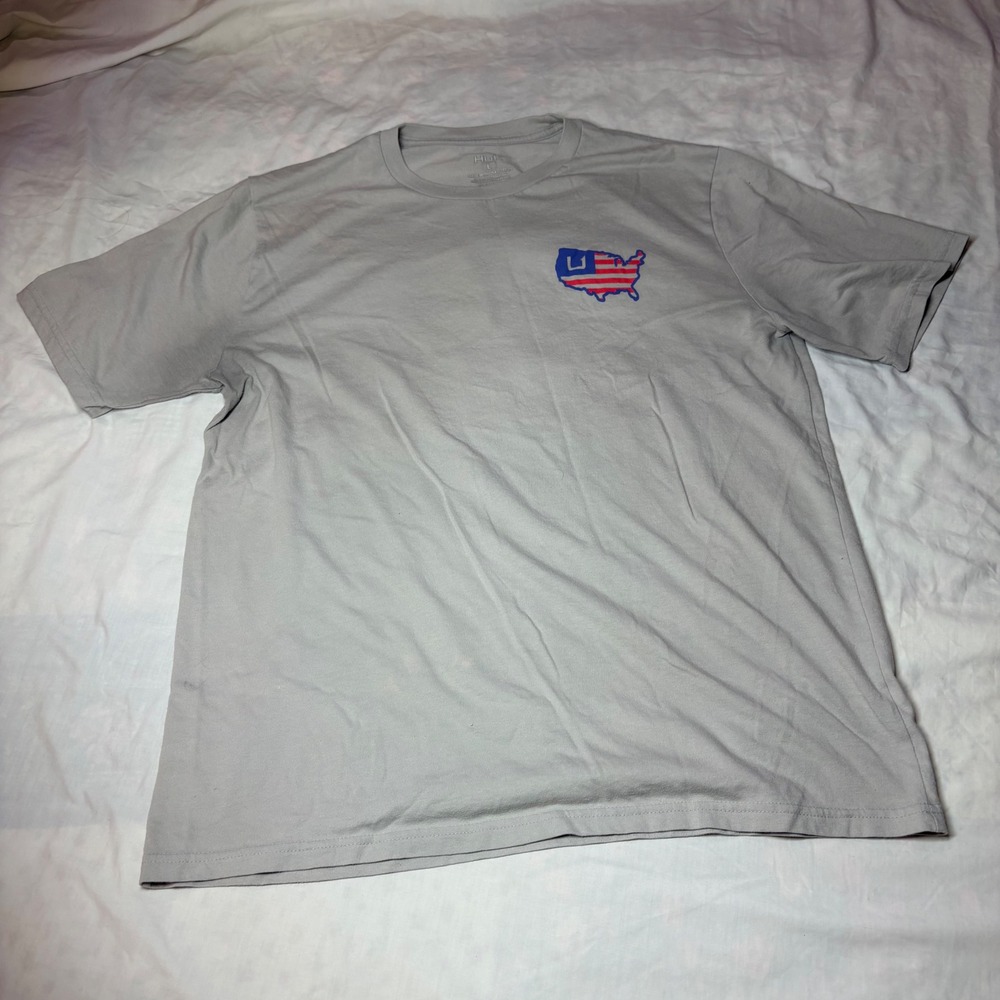 Huk Mens‎ Grey USA Flag Map Graphic Fishing T-Shirt Short Sleeve Size L
